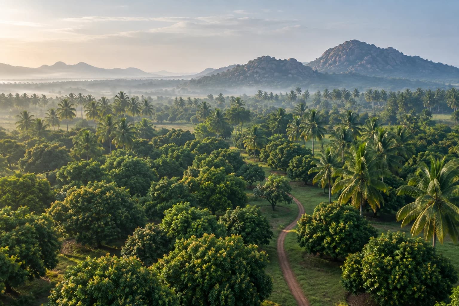Illustrative landscape of Karnataka orchards, palms and distant hills